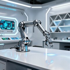 Advanced robotic arm for research and development in a futuristic laboratory, showcasing automation and high technology.