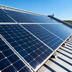 Modern solar panels installed on a rooftop, generating clean, renewable energy under a clear blue sky. Wide shot showcasing sustainable technology and environmental conservation.
