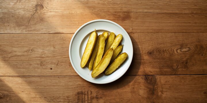 Bread and butter pickle spears on a small plate, processed vegetable preparation for snack or meal, no holiday observed