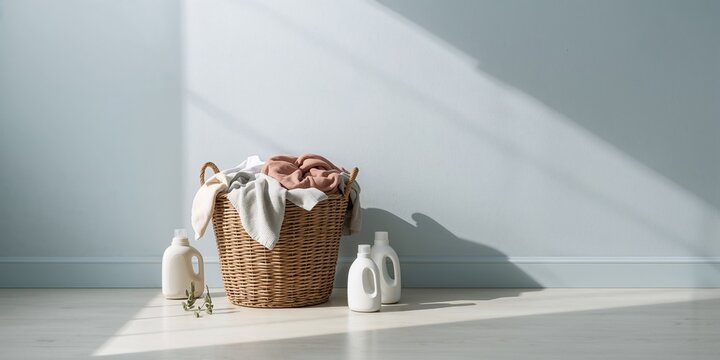 Laundry basket filled with soiled clothes placed against a wall, home organization and cleanliness habits