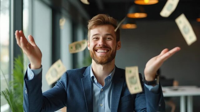 Cheerful young businessman in a modern office tosses US dollar bills in the air, celebrating financial success, bonus or investment profit. Concept of wealth, cash flow and achievement.
