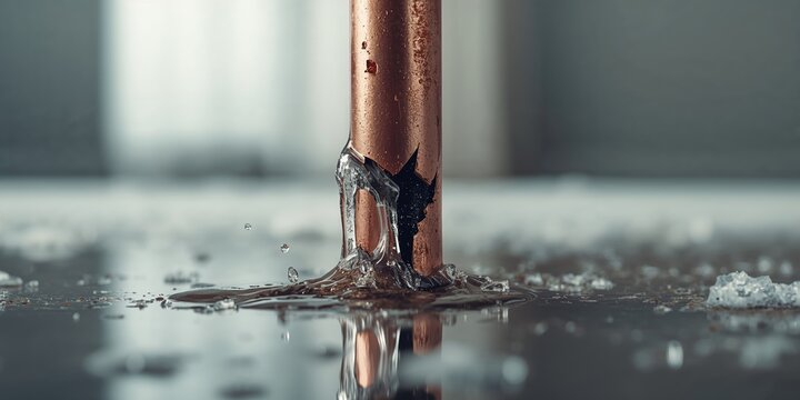 A pipe with a leak caused by freeze damage, plumbing maintenance during cold weather