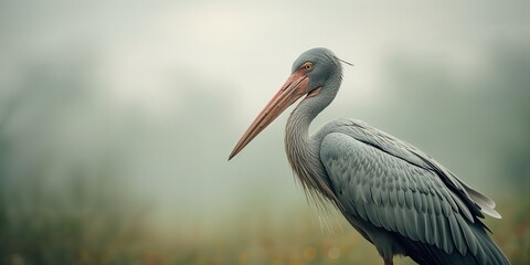 Obraz premium Detailed view of a grey shoebill stork with expansive wings against a natural background, highlighting bird conservation efforts