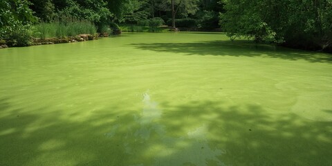 Obraz premium Light green algae on pond surface, natural water ecosystem, algae growth as a sign of nutrient levels