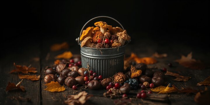 Mushroom foraging scene featuring chanterelle mushrooms, nuts, berries, and autumn leaves in a rustic container on a dark background - Powered by Adobe