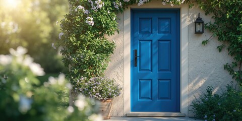 Fototapeta premium Blue door with potted plant, serving as a vibrant outdoor entryway background