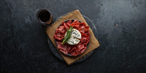 Red wine bottle with cheese and charcuterie, featuring rosemary garnish on a blackstone surface, ideal for food presentation