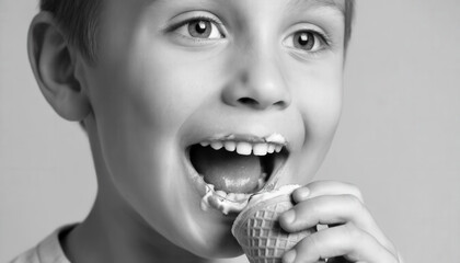 Young boy with happy expression eating melting ice cream from a cone. Child enjoying a cold sweet treat for summer holiday. Delicious dessert concept.