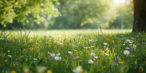 Fototapeta premium Grass and flowers in a natural setting, suitable for background or layout design, Earth Day
