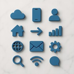 Modern technology concept with a grid of blue digital icons for business, communication, and internet services on a clean marble background