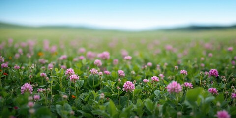 Field of clover flowers used as a natural background for text or layout design, greenery and floral textures