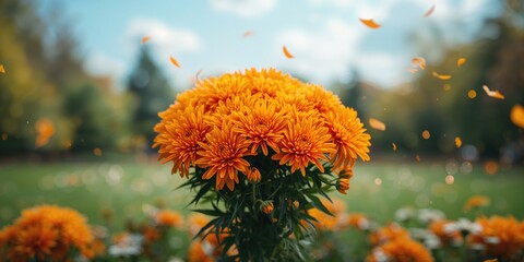 Chrysanthemum flowers in vibrant orange forming a decorative pattern for seasonal backdrop