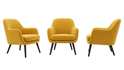 Three isolated views of a stylish mustard yellow armchair on black background