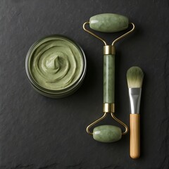 Luxury skincare routine with green facial cream, jade roller, and brush on a black stone background. Natural cosmetics and self care concept for beauty and wellness.