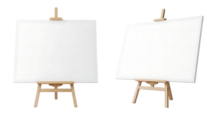 Blank white canvas on a wooden easel from two different perspectives