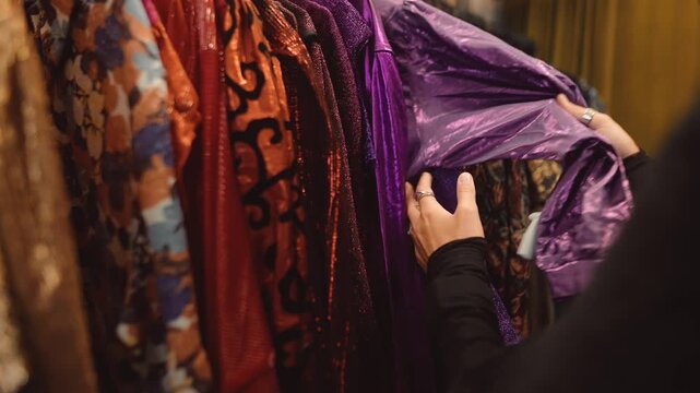 caucasian costume designer choosing stage purple costume