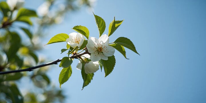 Closeup of a twig on a pear tree with leaves and white pear flowers in bloom, seasonal flowering, Earth Day