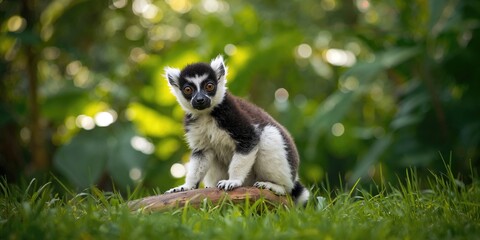 Obraz premium Lemur resting on tree branch in dense jungle, wildlife conservation awareness