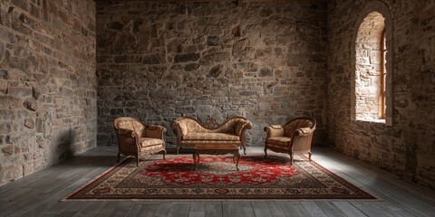 Interior of an aged stone building featuring oriental red rug furniture and traditional decor, historical architecture