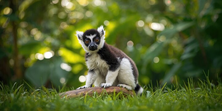 Lemur resting on tree branch in dense jungle, wildlife conservation awareness