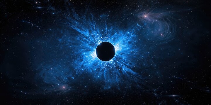 Space scene showing matter and antimatter interaction, cosmic particle collisions, dark matter, dark energy, computer-generated abstract background