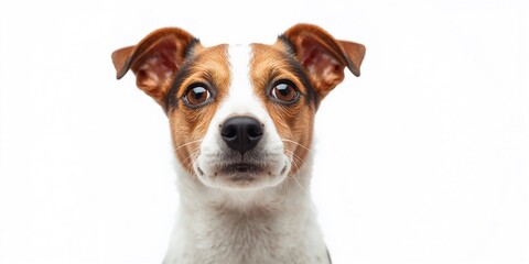 Portrait of a tiny Jack Russell Terrier with bright eyes looking directly at the camera against a plain white backdrop, highlighting attentiveness