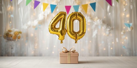 Celebratory birthday decorations with balloons, bunting, and gift box, festive atmosphere for milestone event