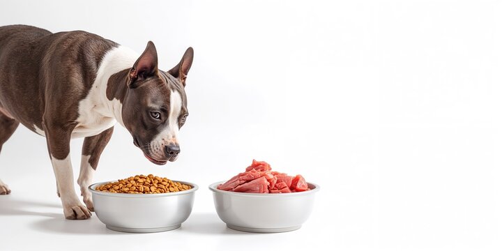 Dog choosing between dry food and pork meat, dietary options and nutritional considerations