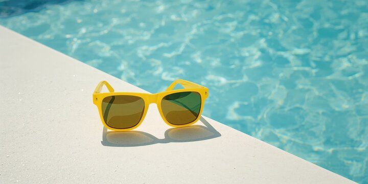 Yellow sunglasses resting on a white pool edge with blue water behind, highlighting outdoor recreation during warm weather