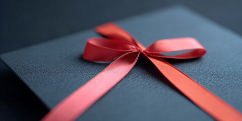 Close-up of a black textured gift box tied with a red satin ribbon bow on a dark background