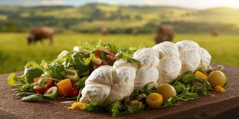 Braid of mozzarella and salad in the foreground food, emphasizing cheese and greens, National Nutrition Month