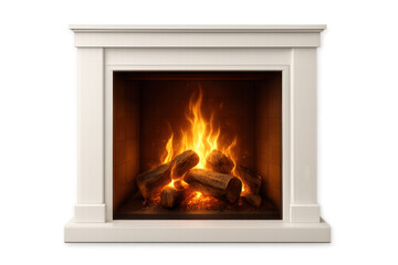 Obraz premium White fireplace with burning logs creating warmth and comfort, hearth glowing with bright fire flames at home