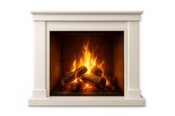 White fireplace with burning logs creating warmth and comfort, hearth glowing with bright fire flames at home