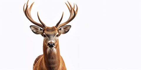 Close-up of a Red deer stag against a white background, antler structure and body details, Nature preservation awareness day