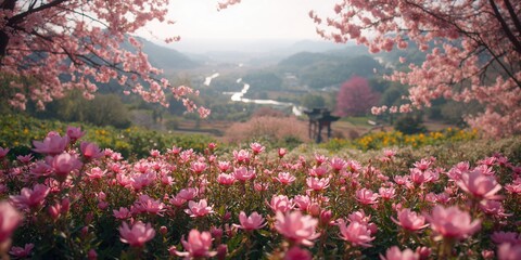 Fototapeta premium Colorful floral garden in full bloom with pink flowers and dense foliage, ideal for landscape photography, World Environment Day