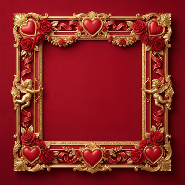 Ornate Gold Valentine Frame with Red Hearts, Roses, Cherubs and Copy Space on Crimson Background