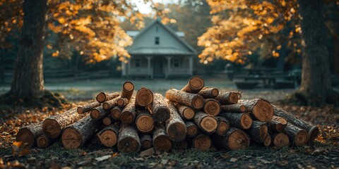 Splitted wood logs stacked outdoors close to a residence, highlighting fuel storage for seasonal heating