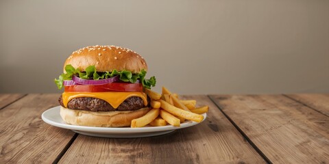 Hamburger with bread, cheese, and meat on a wooden table, processed meat risk, isolated setting, World Food Day
