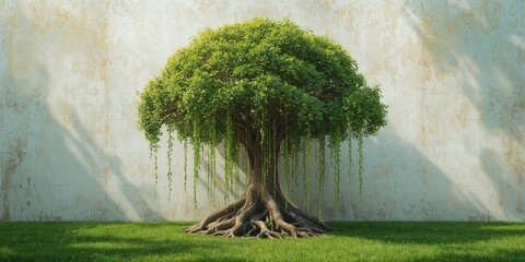 Banyan tree integrated into a vertical garden wall, serving as a natural background in urban landscaping