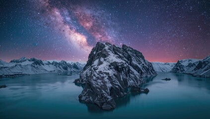 Starry night sky with Milky Way over snowy fjord and mountain landscape, reflection in water, winter scene, World Space Week