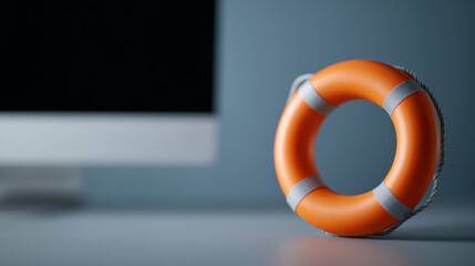 Orange lifebuoy ring placed on desk near computer monitor symbolizing online safety and digital security concept in workspace environment