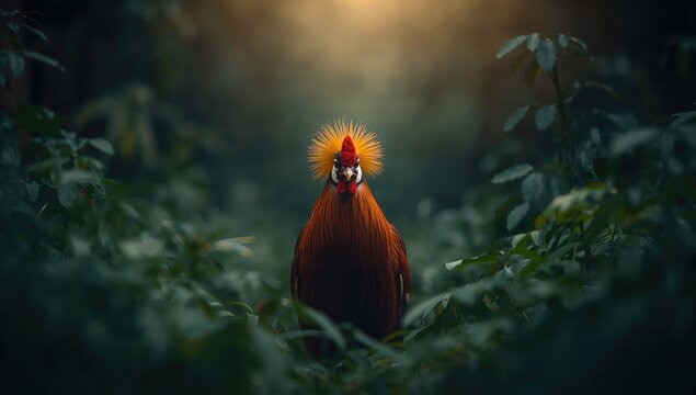 Gallus lafayetii, a native junglefowl species, foraging in dense lowland rainforest, biodiversity preservation