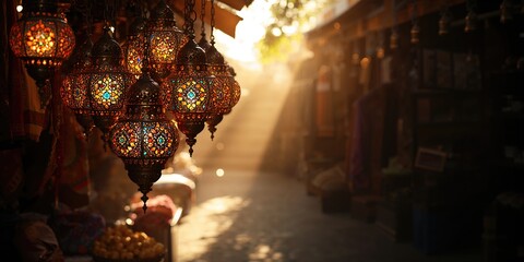 Arabic lanterns emitting warm light used as decorative lighting for cultural festivals