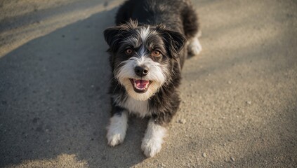 Black and white rescue Terrier mix resting on pavement, highlighting pet adoption efforts