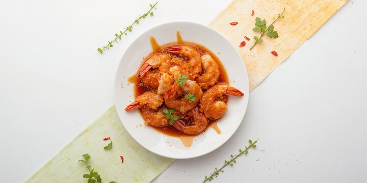 Fried shrimp served with tamarind sauce on a vibrant backdrop, seafood preparation for a culinary layout