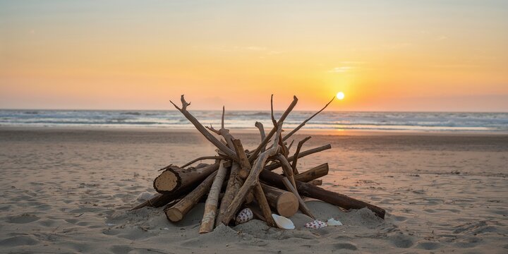 Branches prepared for a bonfire on the beach near the sea at Duna Verde, Venice, outdoor recreation