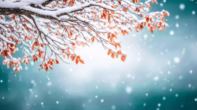 Fototapeta Tree branches with snow and dry leaves capturing the challenging harmony of autumn and winter, with falling snow