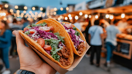 Hand holding two delicious tacos with crisp shells, flavorful meat, fresh lettuce, red cabbage, and tomatoes at a street food market