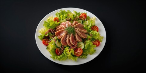 Close up of tuna salad on white plate with green vegetables, food presentation, Asian cuisine, World Food Day