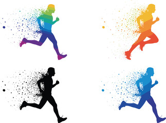 Colorful and monochrome runner silhouettes with dynamic particle effects illustrating motion, speed, athletic activity, and energetic sports movement in modern design